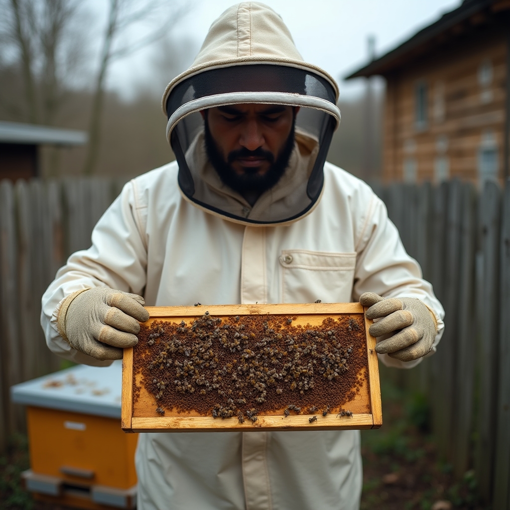 Imker hält einen Wabenrahmen zur Kontrolle des Bienenvolkes