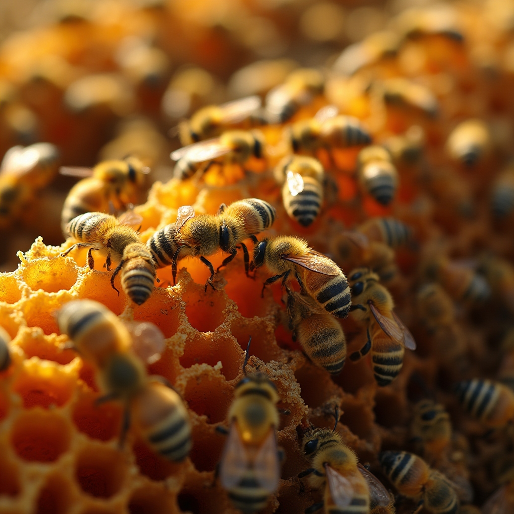 Nahaufnahme einer Bienenwabe mit Arbeiterinnen und verdeckelter Brut