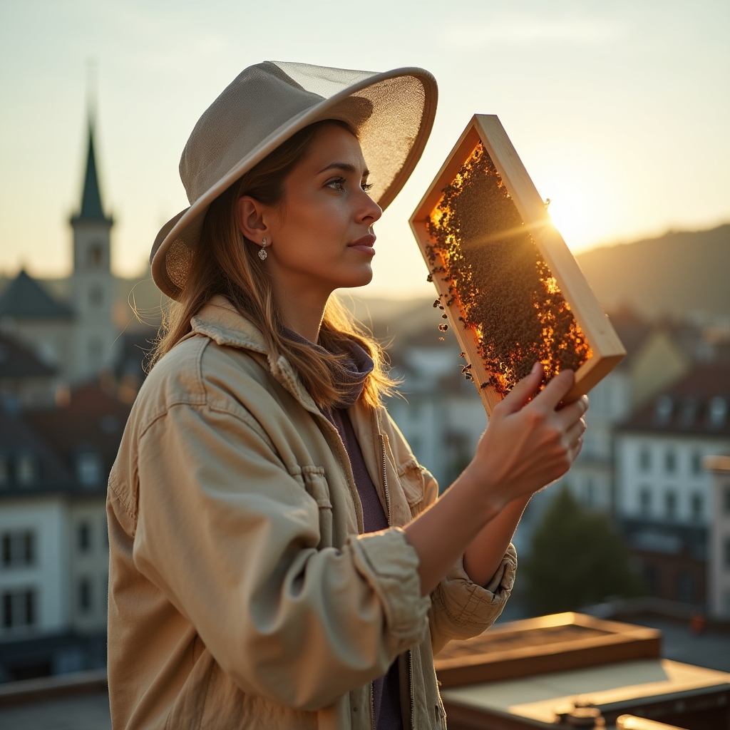 Imkerin überprüft eine Wabe an einem städtischen Bienenstock