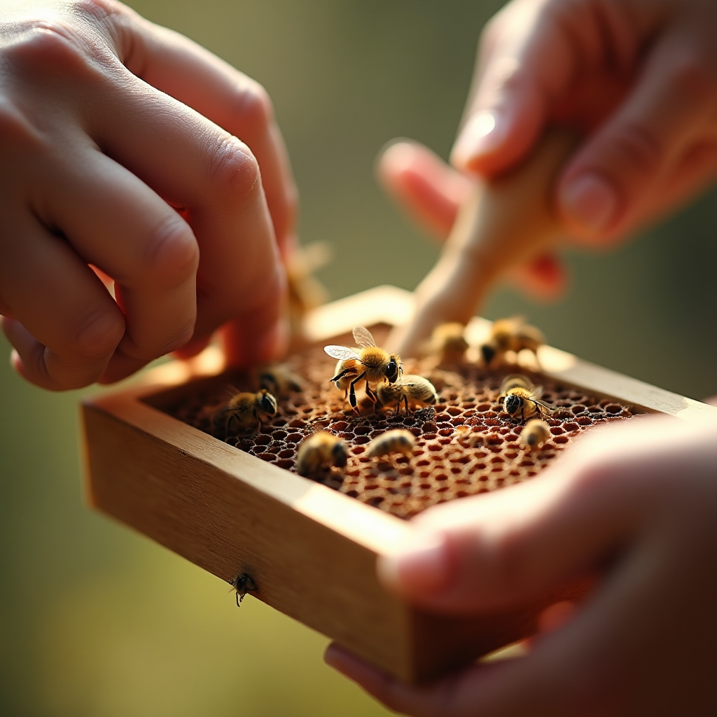Nahaufnahme einer Wabe während der Bestandsaufnahme eines jungen Bienenvolkes