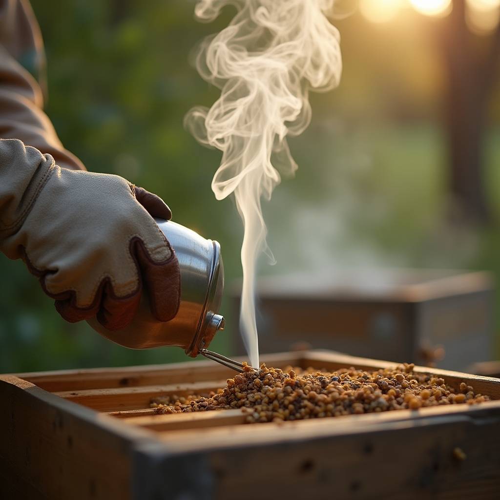Hand hält ein Smoker-Gerät zur Beruhigung der Bienen