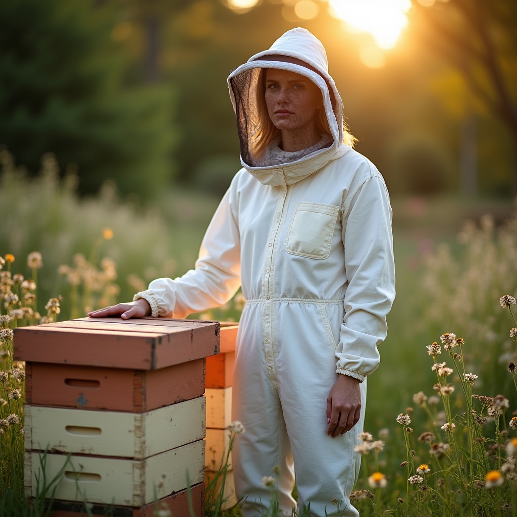 Person in Schutzanzug steht in einem Garten neben Bienenbeuten