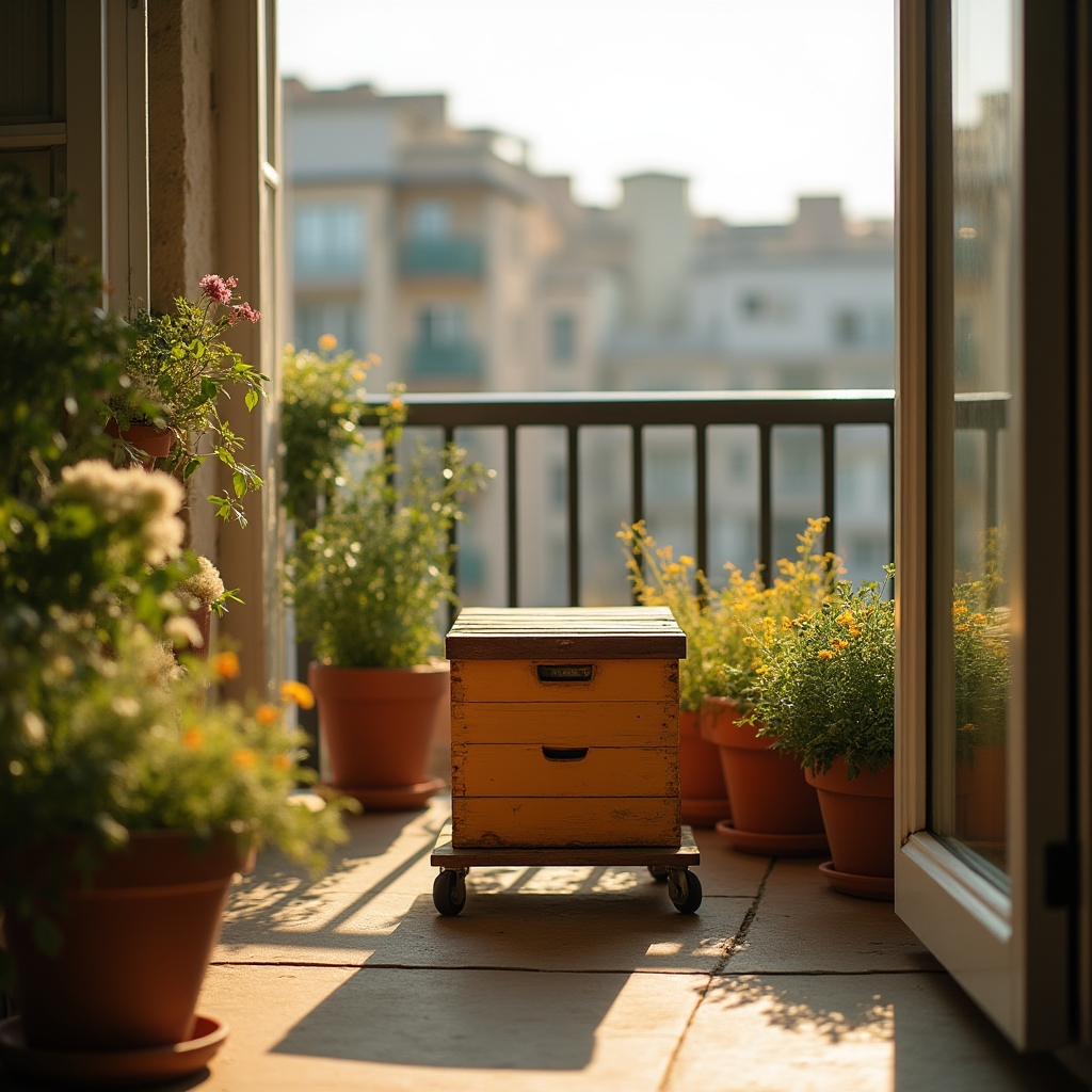 Bienenstock auf einem Balkon im städtischen Umfeld