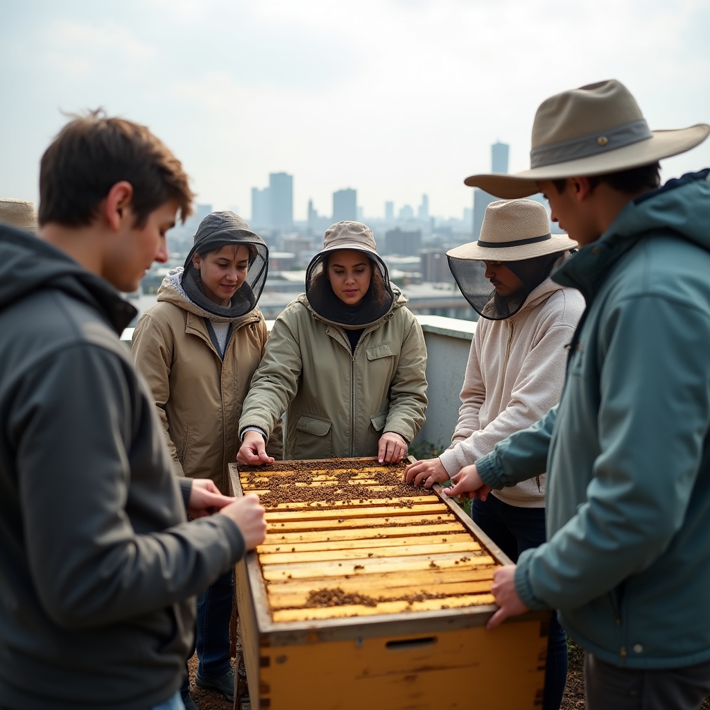 Kursgruppe steht gemeinsam an einem städtischen Bienenstand